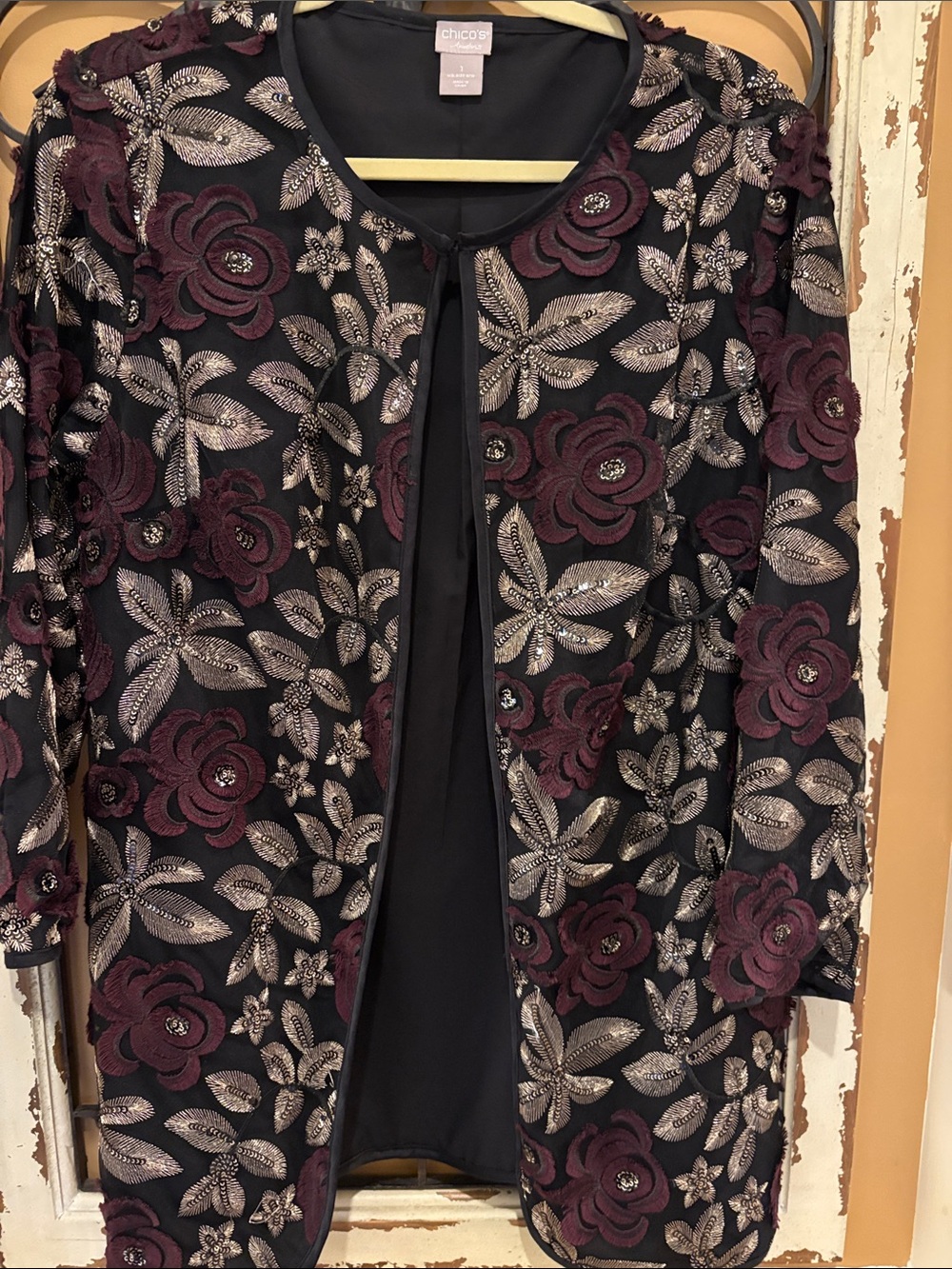 Chico's Black Jacket with Burgundy and Silver Floral Embroidery